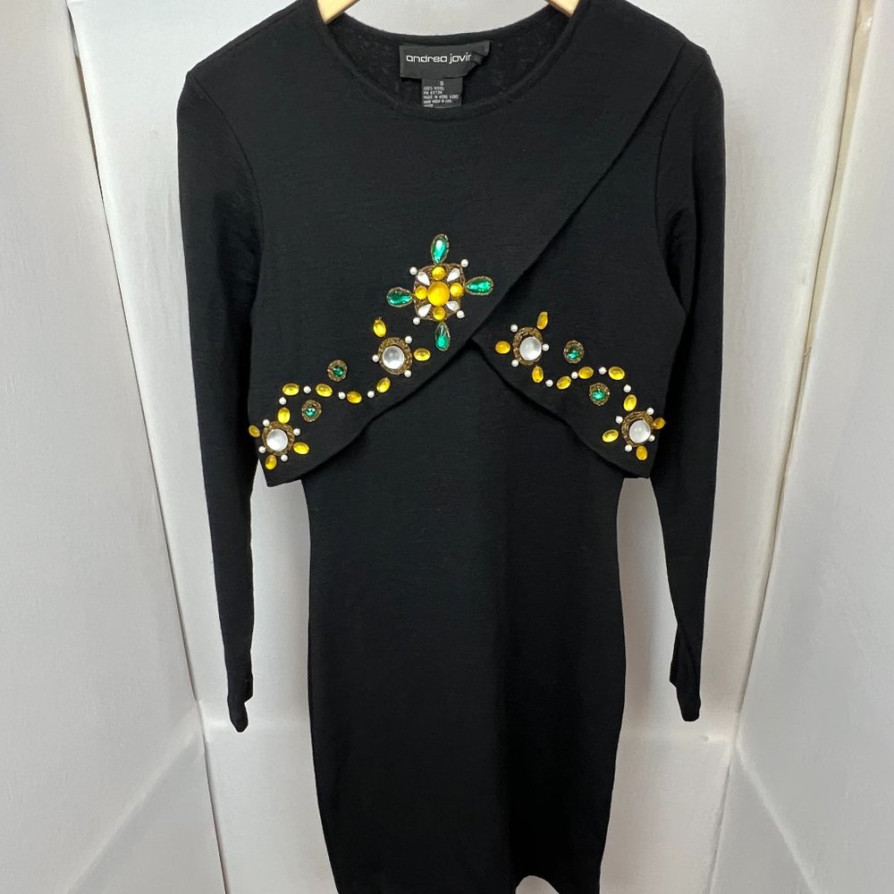 Vintage 90s Andrea Jovine Jeweled 100% Wool Black Sweater‎ Dress